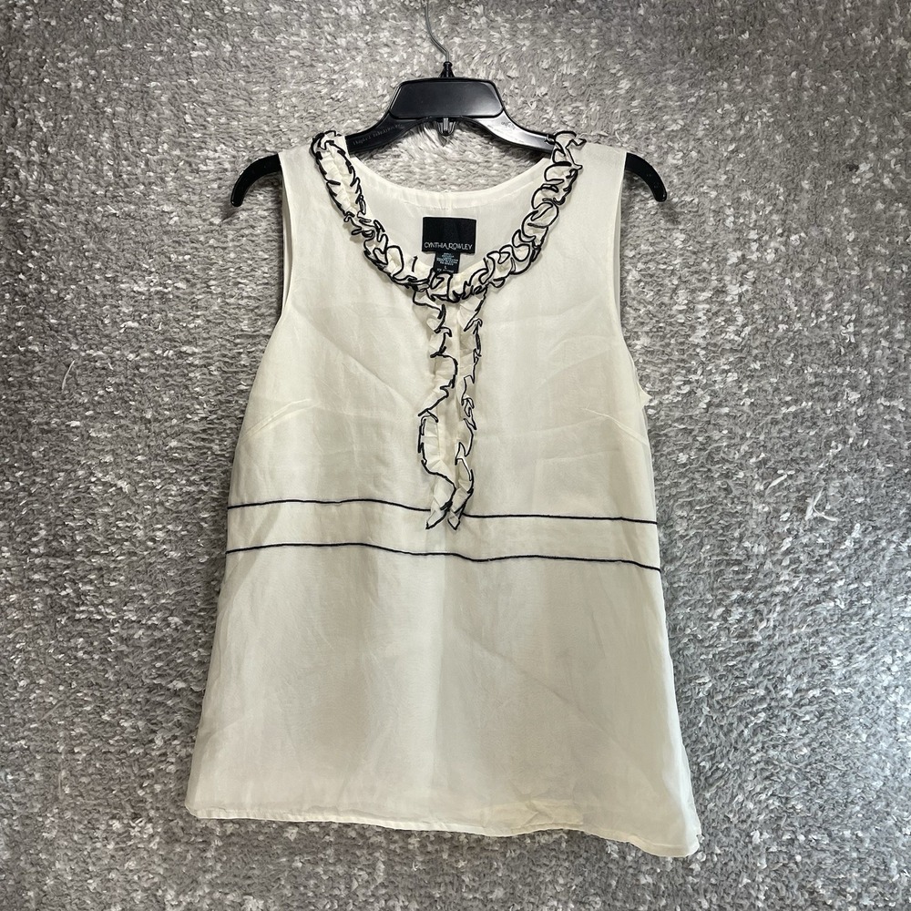 Cynthia Rowley Silk Beige Black Ruffle Top Blouse Lined Large Preppy Career